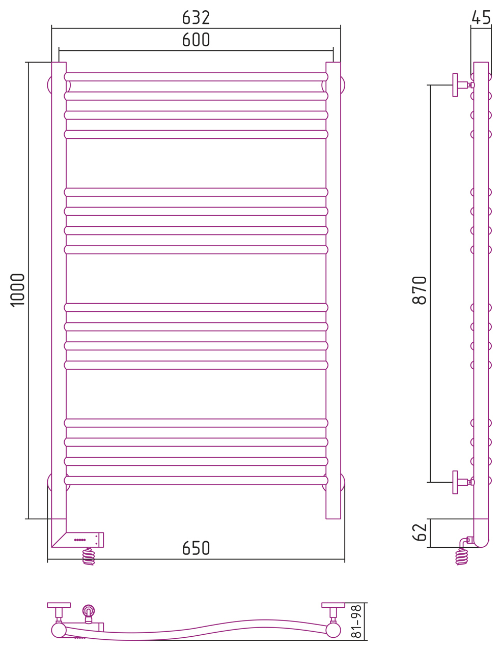Полотенцесушитель электрический Сунержа Флюид 2.0 1000x600